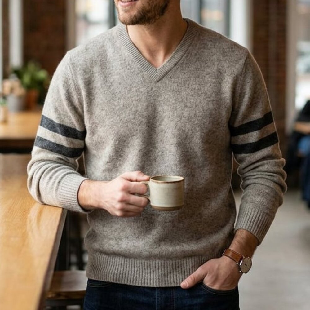 GAP Men's XL 100% Lambswool V-Neck Knit Sweater Taupe Gray Stripe Casual Relaxed